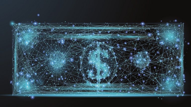 A banknote stylized from a network of digital dots and lines