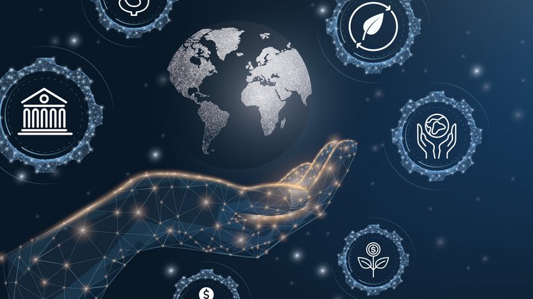 Illustration of a globe floating above an open hand, around it are grouped various symbols