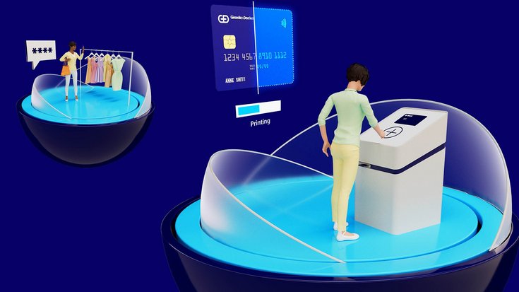 Illustration of a woman at a cash desk with shopping scene in the background