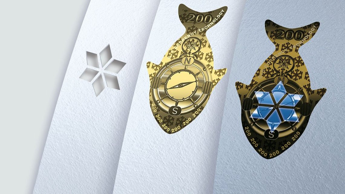 Illustration of the micro-mirror, motion, color change and 3D effects of the varifeye® ColourChange Patch for banknotes