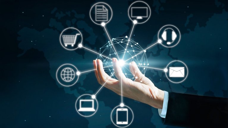 Hand holding a ball of a virtual net, surrounded by digital icons