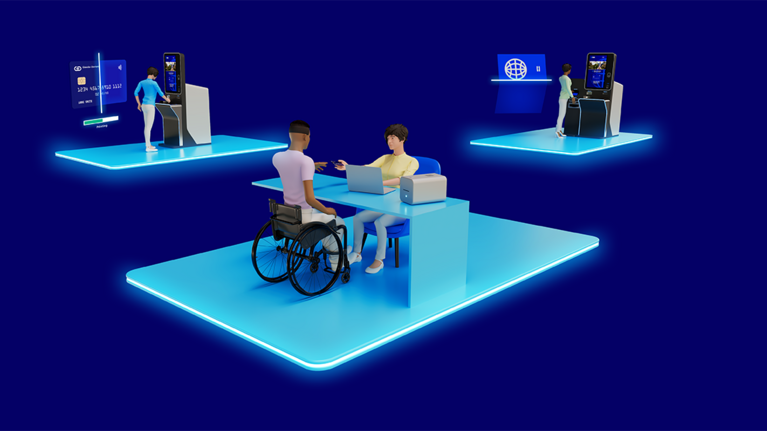 3d model: a person hands over a credit card to another person