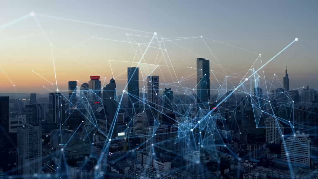 Skyline of a big city, in front of it a transparent simulated data network