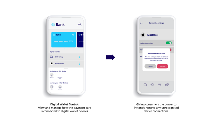 Two smartphone screens display a bank app; the left shows digital wallet options, and the right shows settings to disconnect a MacBook.
