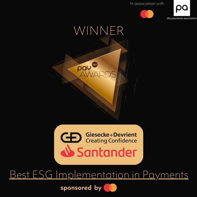 An award image for the Pay360 Awards, showing that Giesecke+Devrient and Santander won the "Best ESG Implementation in Payments" category. The award is sponsored by Mastercard and associated with the Payments Association.