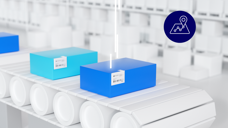 Goods on the conveyor belt with location icon