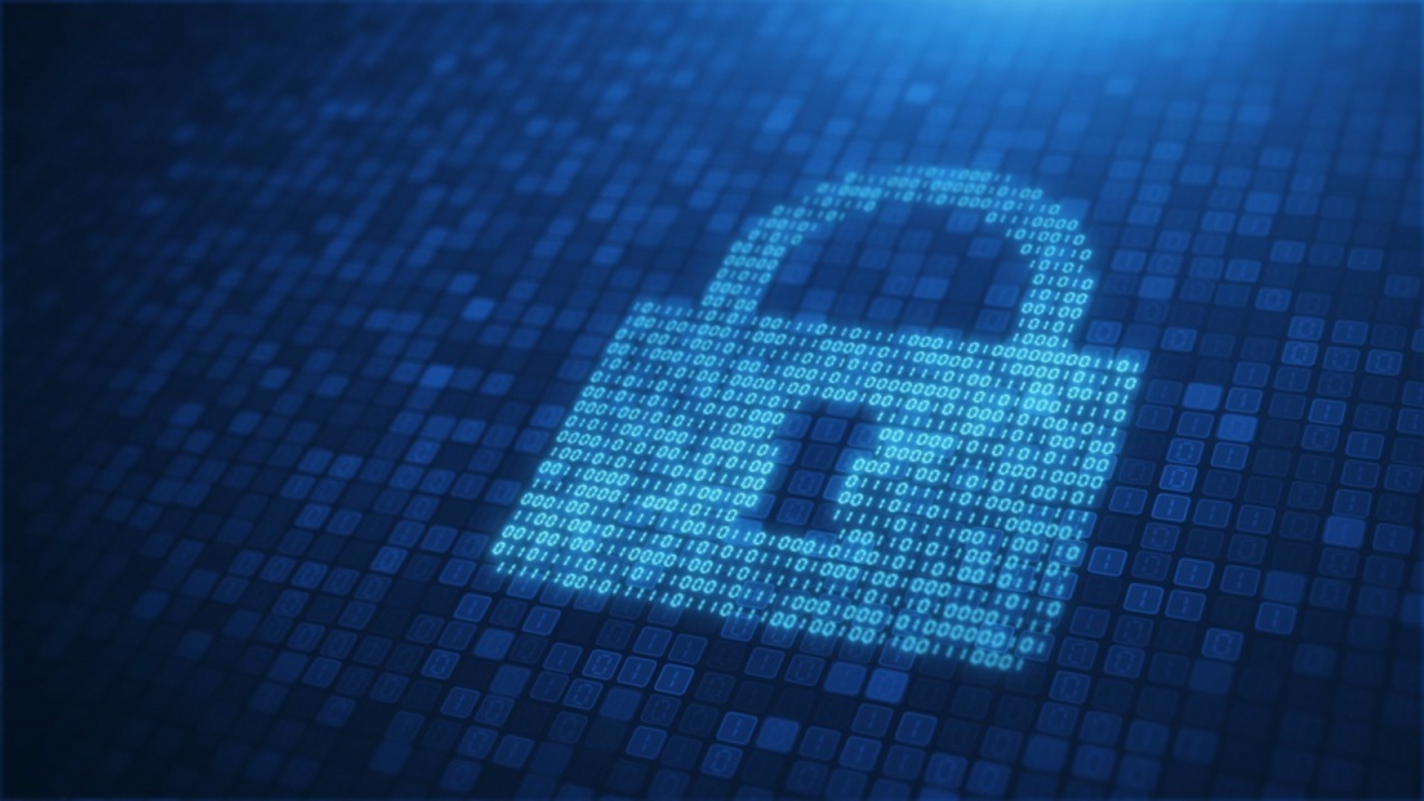 On a blue display panel, a lock consisting of flashing zeros and ones shines