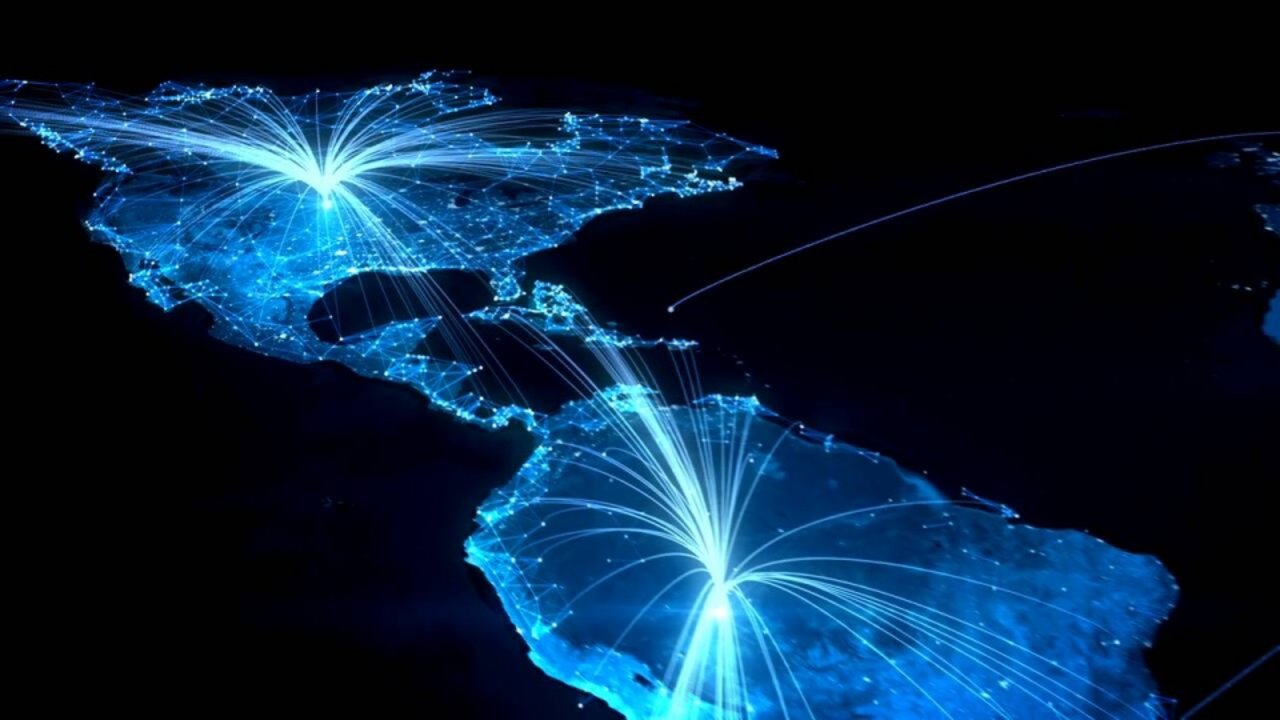 3D visualization of the globe, with bright connecting lines between individual continents and cities
