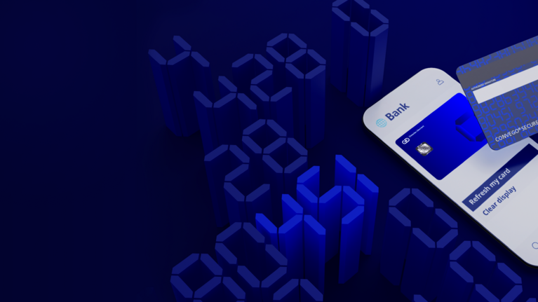 Bank card and smartphone on blue background