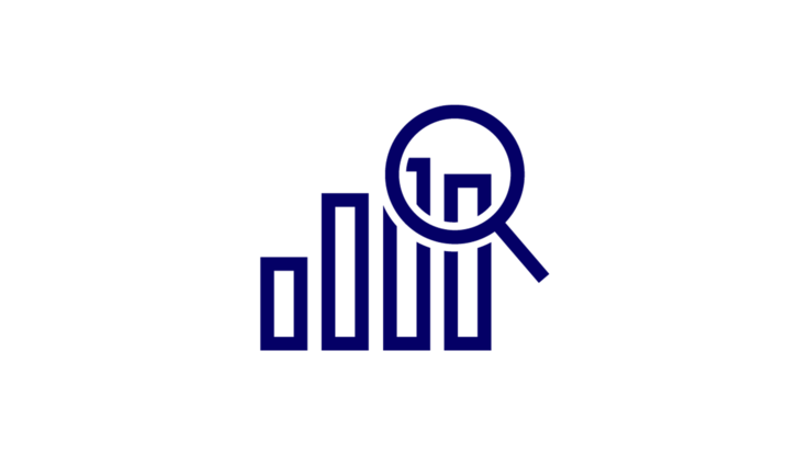 Blue diagram depicting a bar graph with ascending bars, overlaid by a magnifying glass